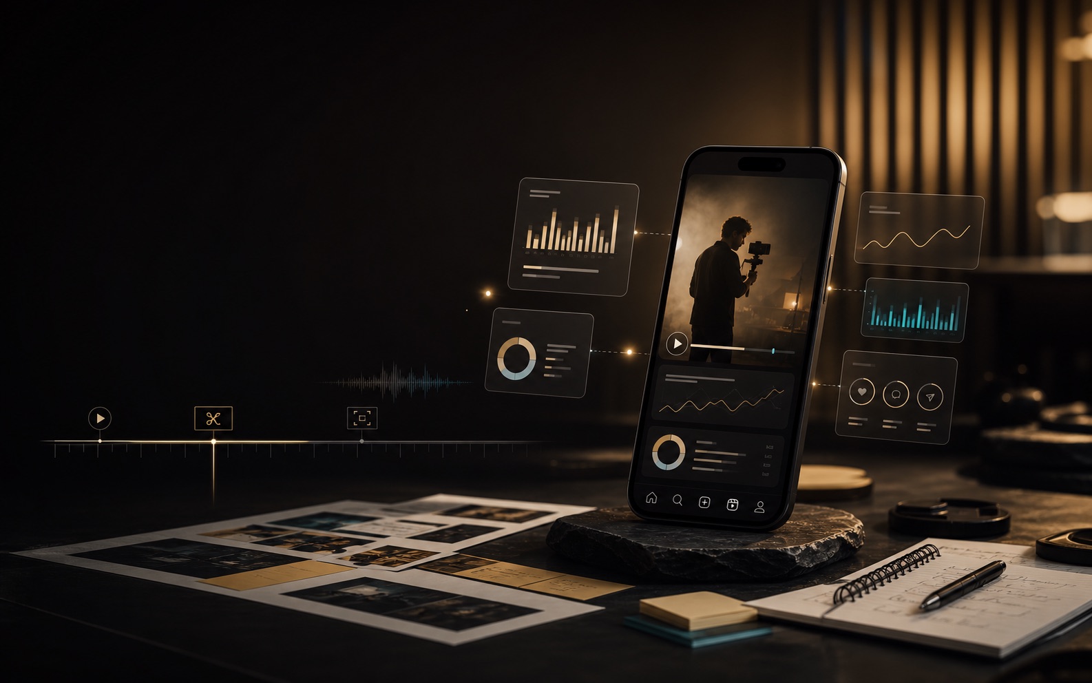 Social-Media-System mit Smartphone, Reel-Interface und Performance-Daten
